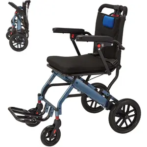 Portable Lightweight Folding Wheelchair, Navy Blue Wide Frame Aviation Aluminum Transport Chair With 10'' Shock Absorbing Rear Wheels, PVC Seat And Two-stage Brake for Daily Mobility Aid