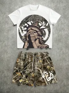 Men's Street Style Camouflage Print 'liberty Face' Tee Set, Outfit, Gym & Outdoor Casual Wear, All Season Comfortable Fit, Durable Design