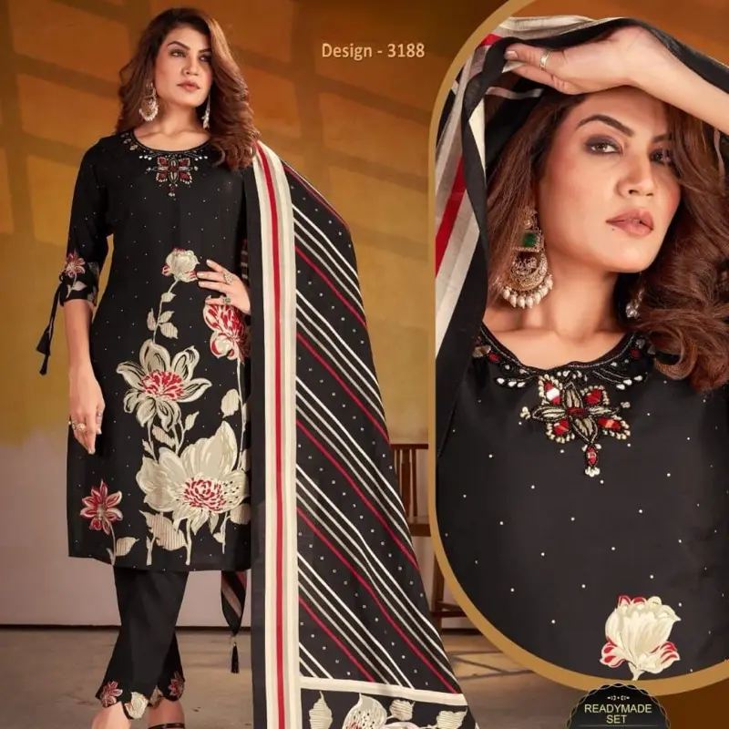 Handwork embroidery, ready-made black kurti, pant, and dupatta set with floral print and handwork embroidery