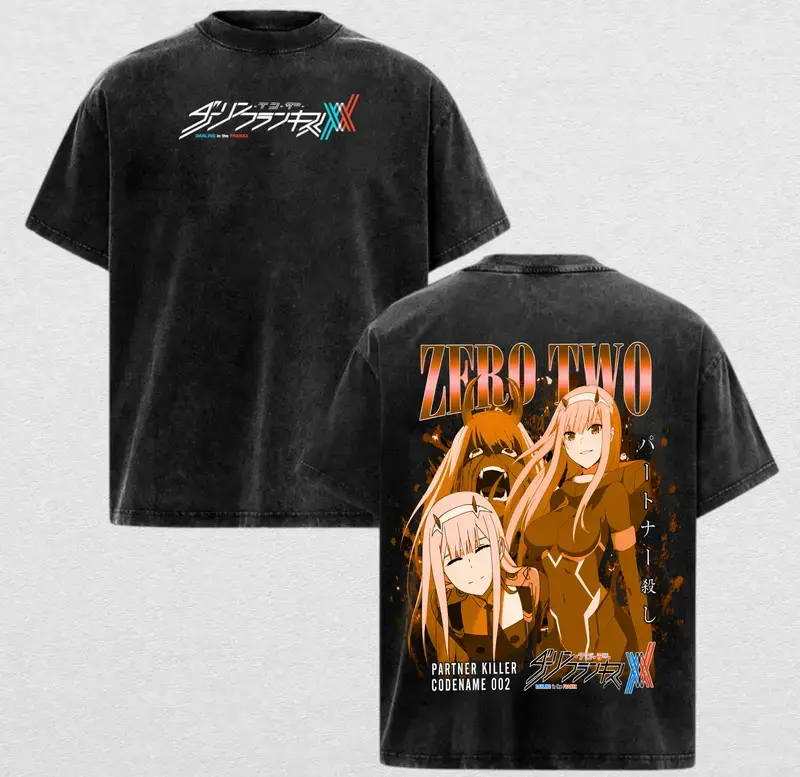 Men's Soft Washed Unisex Graphic T-Shirt - Darling in the FranXX 02 Print, Relaxed Oversized Short-Sleeve Streetwear with Ribbed Round Neck, Classic Cotton Seamless Menswear Apparel