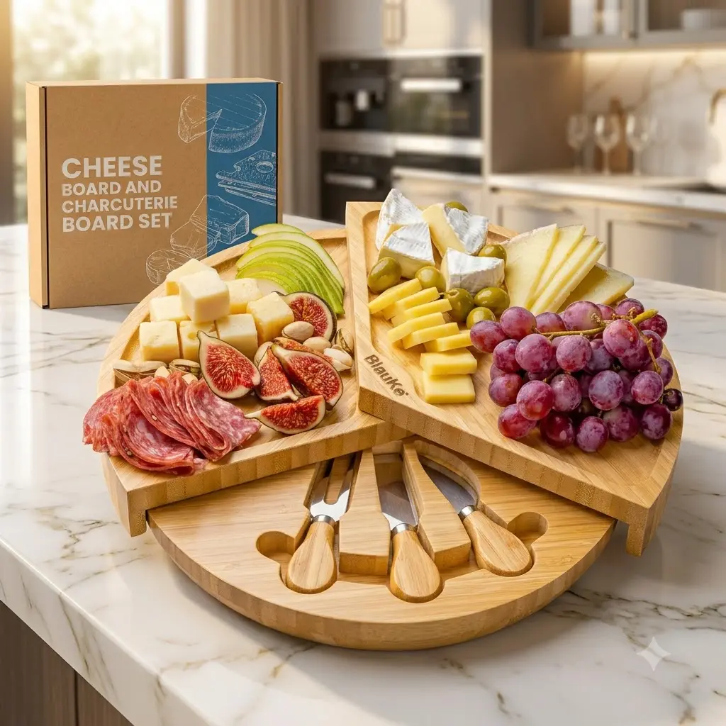 Swiveling Bamboo Cheese Board Set: Charcuterie Platter with Hidden Drawer