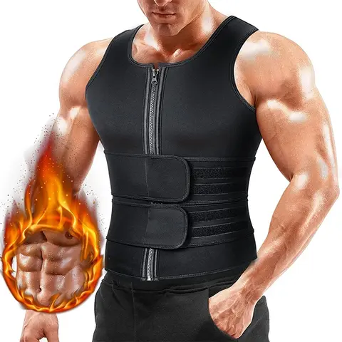 Men's Neoprene Stretch 2-in-1 Sauna Waist Trainer Compression Tank Top-Polyester Vest with Double Sweat Belt, Tummy Control, Smooth Protection, Zip, Gym Apparel, Gym Exercise Activewear