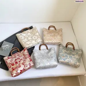 Floral Tote Bag with Bamboo Handle Chinese Inspired Handbag Large Capacity Elegant Aesthetic Shoulder Bag for Women Daily Travel Work Bag