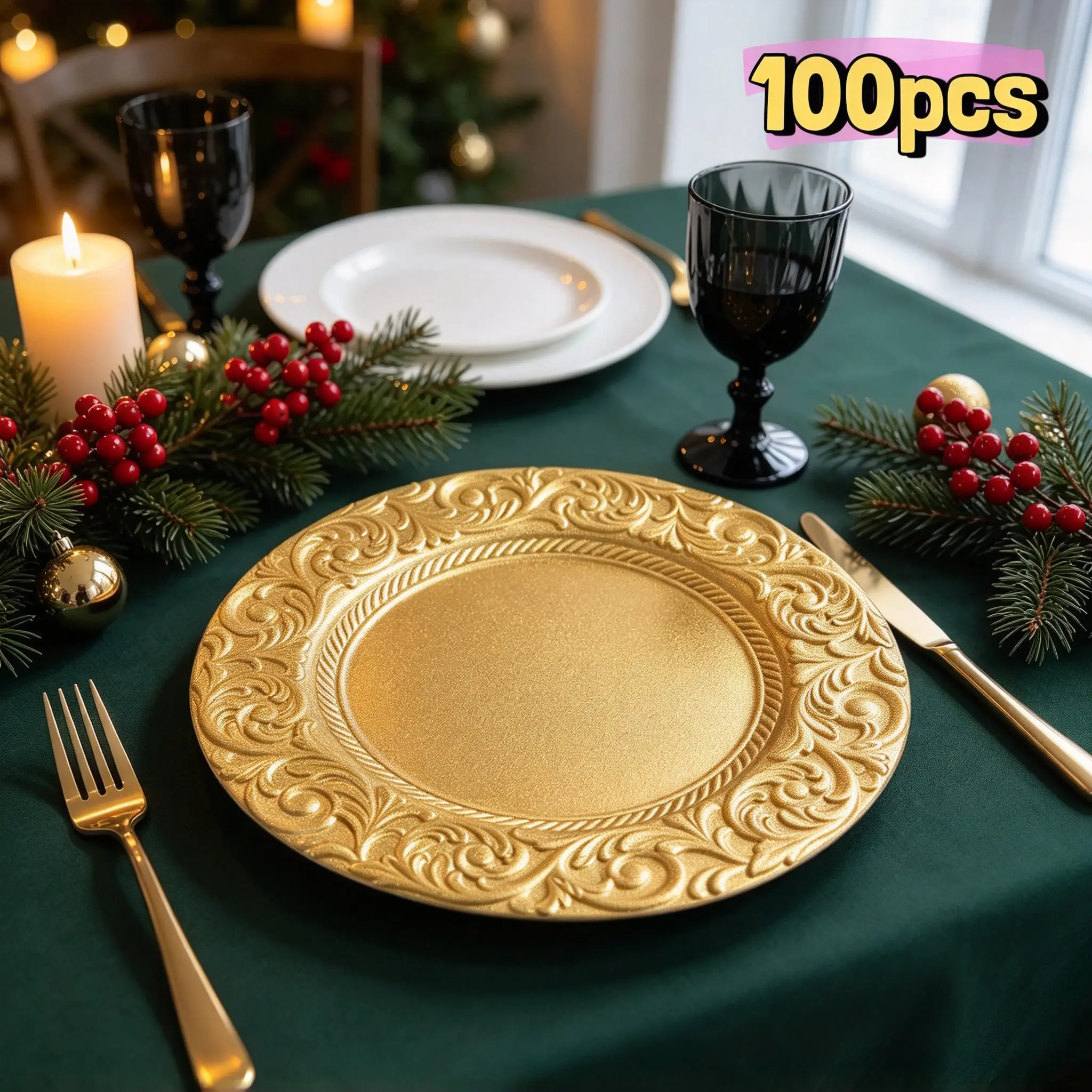 CNCEST High-Grade PP Disposable Plates Set, 100-Pack 13" Round Sturdy Gold Border Leak-Proof Charger Plates, Heavy-Duty Boxed Tableware for Weddings, Anniversary Events Table Decor