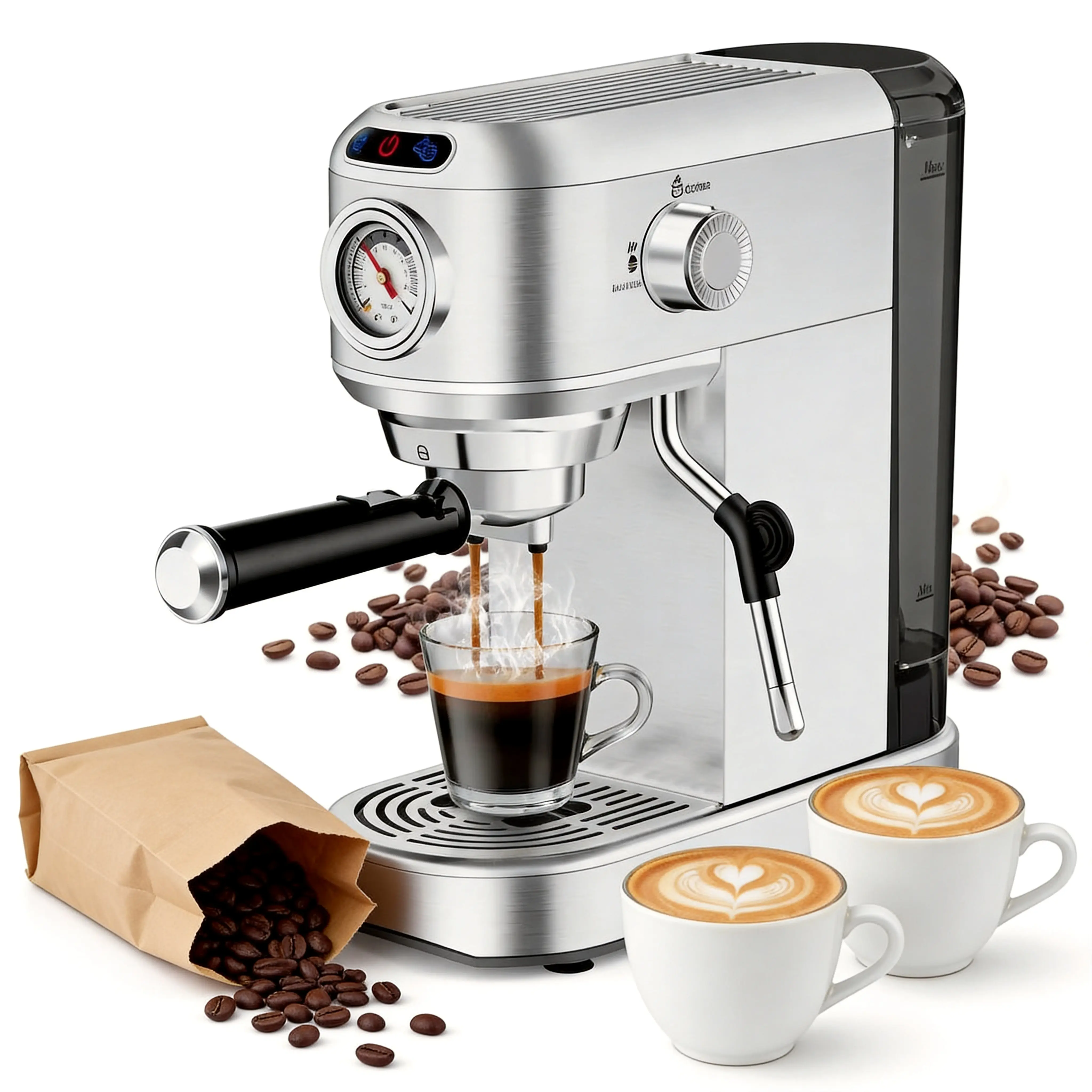 Semi-Automatic Stainless Steel Espresso Coffee Machine - 20 Bar, 1450W, 34oz Removable Water Tank, Compact Household Personal Maker with Milk Steamer and Frother for Latte, Ideal for Christmas, Father’s Day, Birthdays, Silver