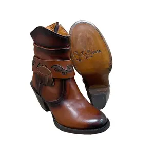 Women's Ankle Cowgirl Western Genuine Cowhide Leather High Heel Round Toe Boots with Zipper Est.910 Botina Tacon Cierre
