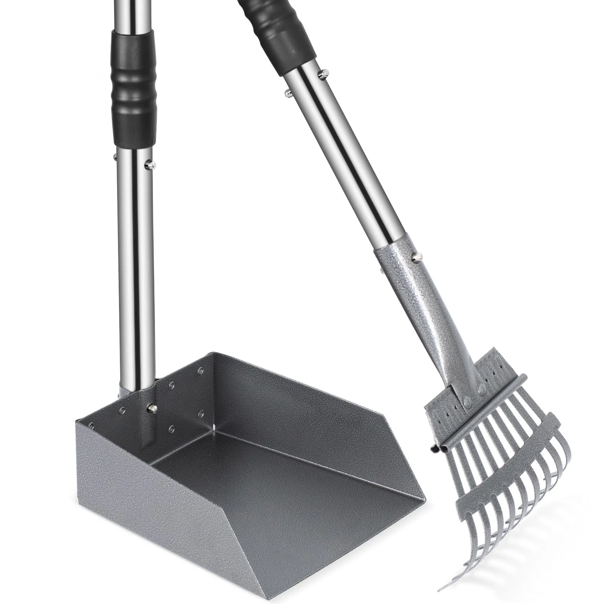 Dog Pooper Scooper Cleaner Set, 2-Piece Portable Outdoor Pet Waste Removal Tool with Long-Handle Tray & Adjustable Stainless Steel Rake Handle