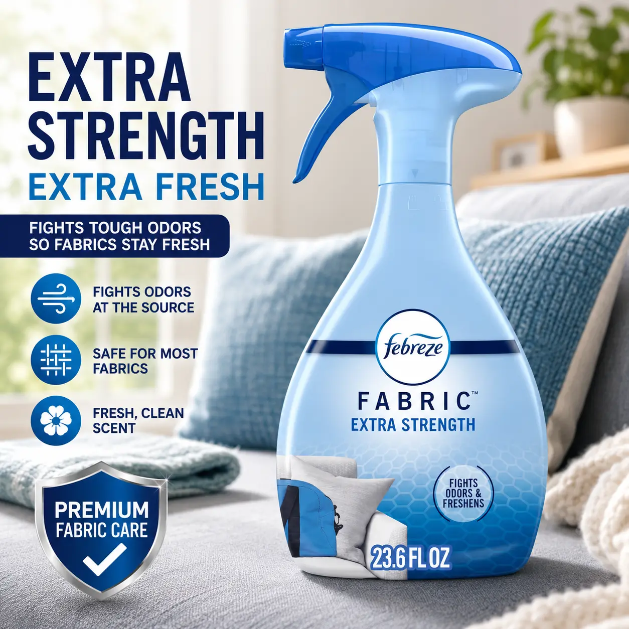 Febreze Extra Strength Fabric Spray Air Freshener - Household Items, Odor-Fighting Refresher, Sneaker Balls Alternative, Couch Cleaner, Linen Spray, Multi-Use, 23.6 fl oz