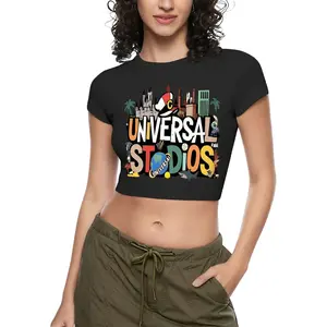 Universal Studios Cartoon Characters Crop Top for Women, Polyester Slim-Fit Short Sleeve Theme Park Graphic Tee, Universal Studios Landmarks Print High Waist Cropped T-Shirt, Vacation Streetwear