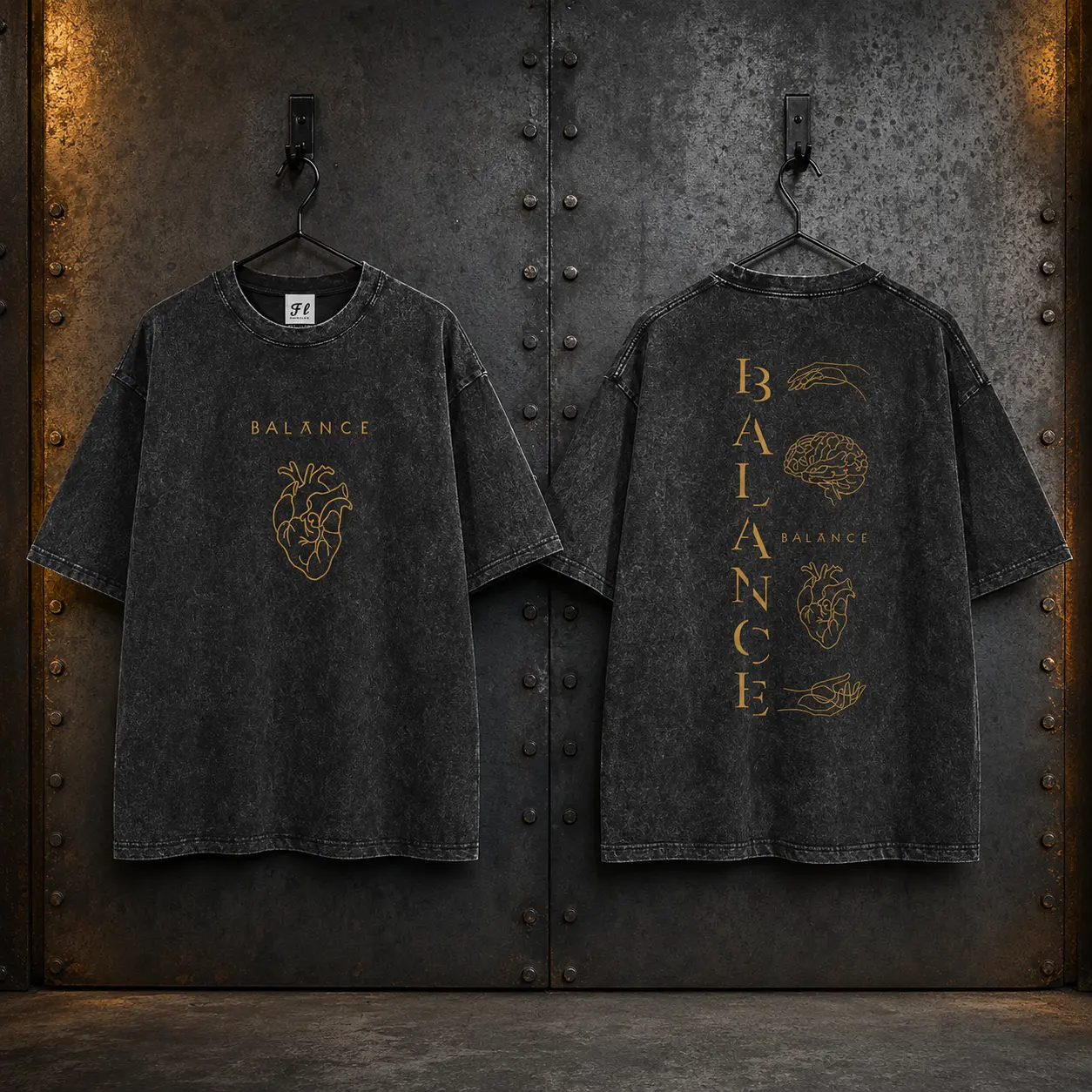 Men's Unisex 260G Heavyweight 100% Cotton Vintage Washed Oversized DTG Balance Anatomical Heart Graphic Short-Sleeve Streetwear T-Shirt