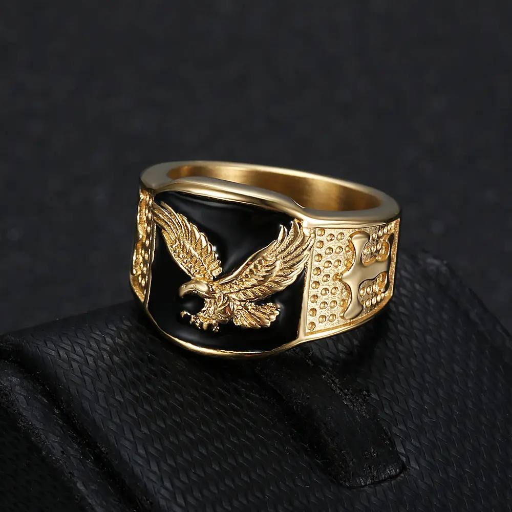 Unisex 316L Stainless Steel Flying Eagle Chunky Statement Ring, Hip-Hop Punk Retro Style with Synthetic Colored Gemstone, Multi-Size US-9 Artificial Gemstone Ring