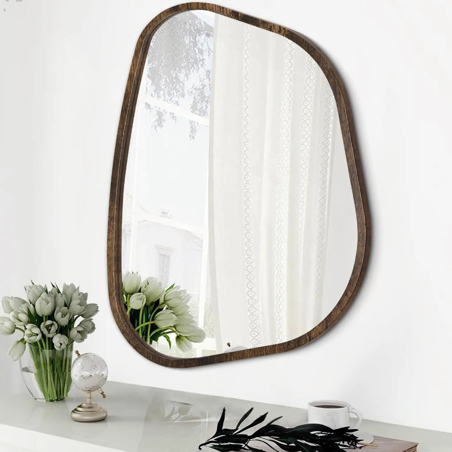Asymmetrical Mirror Irregular Oval Wall Mirror Modern Wood Frame Unique Shape Wall Mounted Vanity Artistic Mirror Decorative for Living Room Bedroom Bathroom Entryway Hallway 14"x10"
