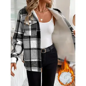 Women's Plaid Hooded Jacket, 100% Polyester Fleece Lined Shirt, Button Detail Casual Outerwear, All-Season Warm Comfortable Wear
