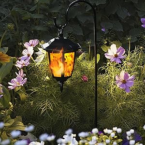 2 Pack Solar Flame Hanging Lights Outdoor, Halloween Solar Flickering Flame LED Garden Lanterns with 2 x 38 Inch Shepherd Hooks, Christmas Lighting for Lawn Patio Yard Pathway Driveway