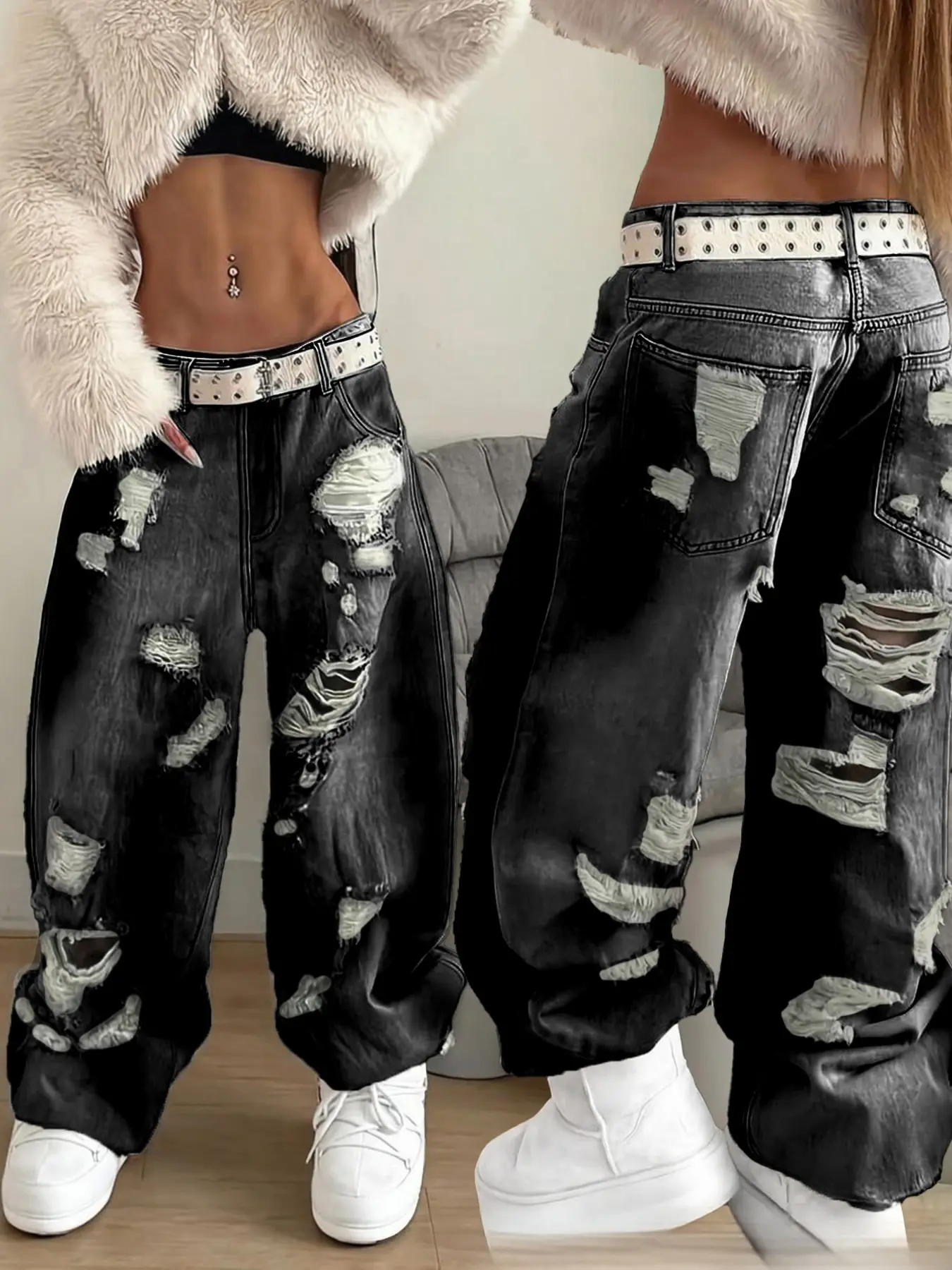 Women's 2026 Autumn Winter Y2K Casual Fashion Denim Long Ripped Denim Trousers, Street Style Relaxed Wide Leg Fit, Solid Black Denim Crafted With Multiple Oversized Rips And Cutout Distressed Details For Trendy Daily Outfits, Streetwear