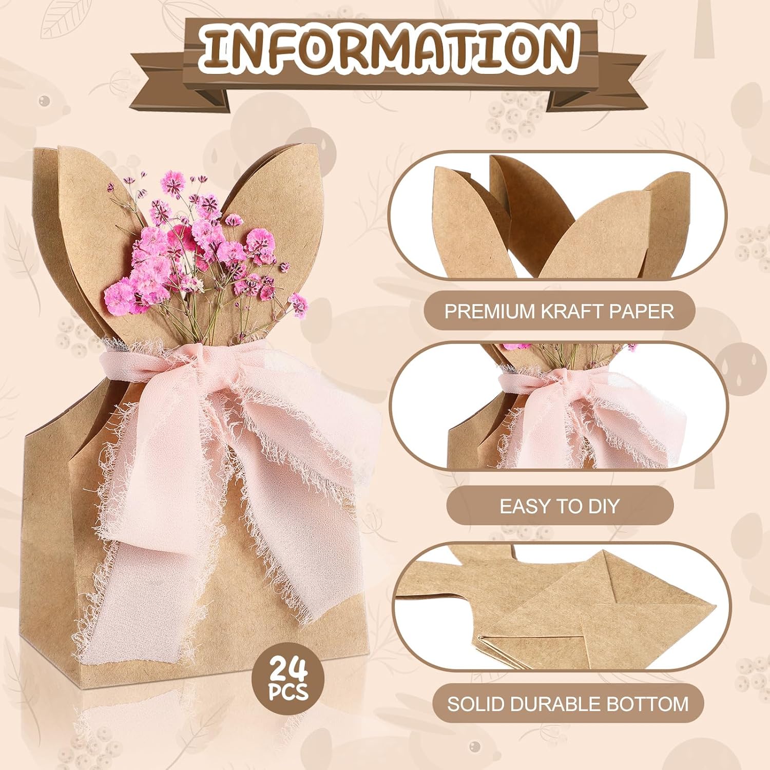24/48 Pcs Boho Bow Easter Goodie Bags Bunny Paper Bags DIY Bunny Gift Boxes with Neutral Bow Ribbon Artificial Flower Rabbit Ear Treat Bags for Student Teacher Office Employee Coworker,School Classroom Table Decorations,Spring Birthday Wedding Party Favor