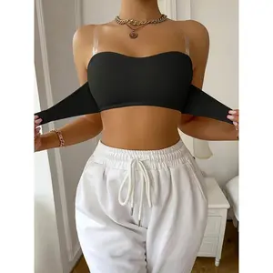 Women's High-Support Strapless Bandeau Bra - Front Clasp, Non-Slip, Invisible Shoulder Straps, Nylon & Elastane, Seamless, Breathable Fabric for Casual Attire, Breathable Intimate Apparel |   Seamless Undergarment |   Knitted Texture Womenswear Comfort