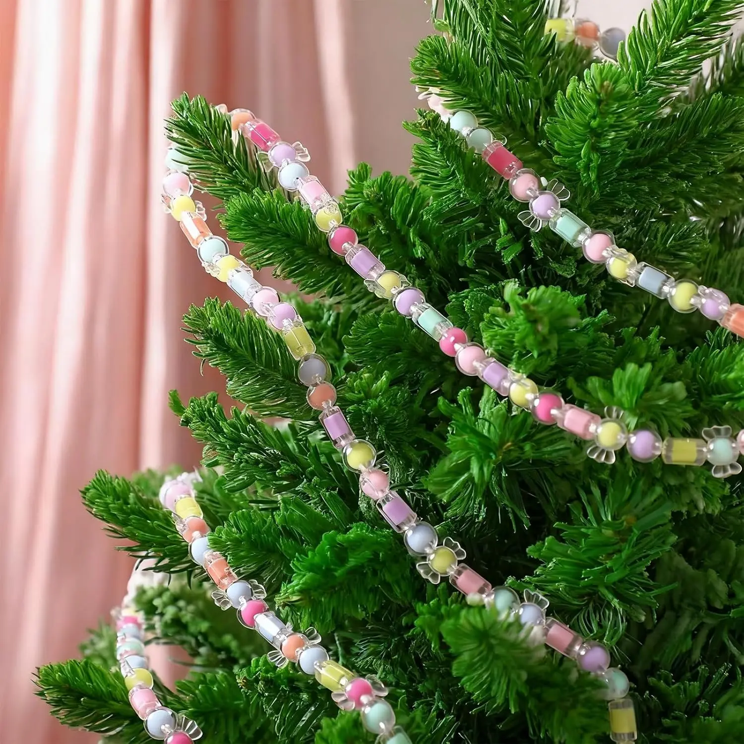 6ft Christmas Candy Garland, Pastel Candy Garland Ornaments Transparent Bead Christmas Tree Decorations Pastel Xmas Ornaments for Fireplace Farmhouse Wall Hanging Decorations Indoor Party