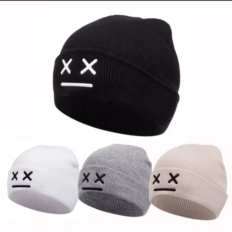 Fashionable Autumn and Winter Warm Knitted Hat with Cartoon Expression Embroidery Versatile Men's and Women's Beanies in Black White Gray and Beige