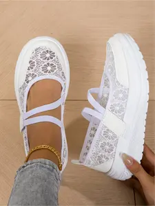 Women's Breathable Lace Mary Jane Platform Shoes Athletic Thick Sole Casual Loafers Non Slip Comfort Velcro Strap White Casual Walking Fashion Sneakers Thick Soled Shoes