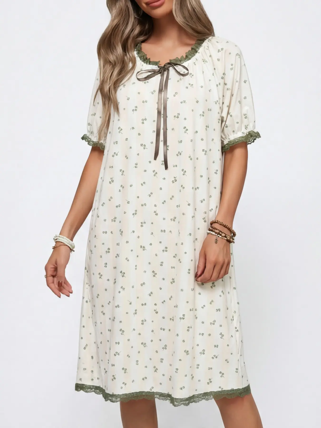 Womens Cream White Short Puff Sleeve Nightgown With Ditsy Small Floral Print Lace Trim And Bow Detail Soft Fabric Comfortable Cute Sleepwear For Spring Summer Cozy Home Wear Or Romantic Lounge Loungewear Bowknot Nightdress
