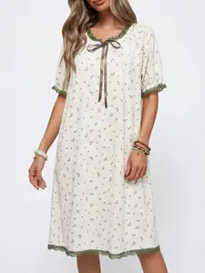 Womens Cream White Short Puff Sleeve Nightgown With Ditsy Small Floral Print Lace Trim And Bow Detail Soft Fabric Comfortable Sleepwear For Spring Summer Cozy Home Wear Or Romantic Lounge