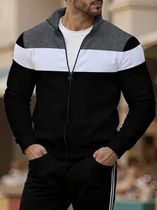 Men's Colorblock Patchwork Zipper Hoodie, Casual Fitted Long Sleeve Sweatshirt for Fall & Winter, Outdoor Warm Pullover, Fall Winter Clothes