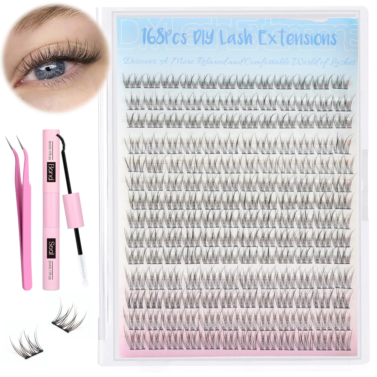 Natural Lash Extension Kit 168Pcs Lash Clusters Kit Wispy Eyelash Extensions 9-12MM Individual Lashes Extensions with Bond and Seal Lash Glue and Eyelash Extension Tweezers DIY Makeup Cosmetic