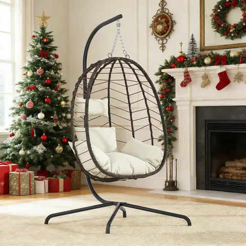 RIWENGO Hanging Egg Chair with Stand – Handwoven Rattan Patio Swing with Cushion, 350lb Capacity – Indoor/Outdoor Chic for Patio, Garden & Poolside