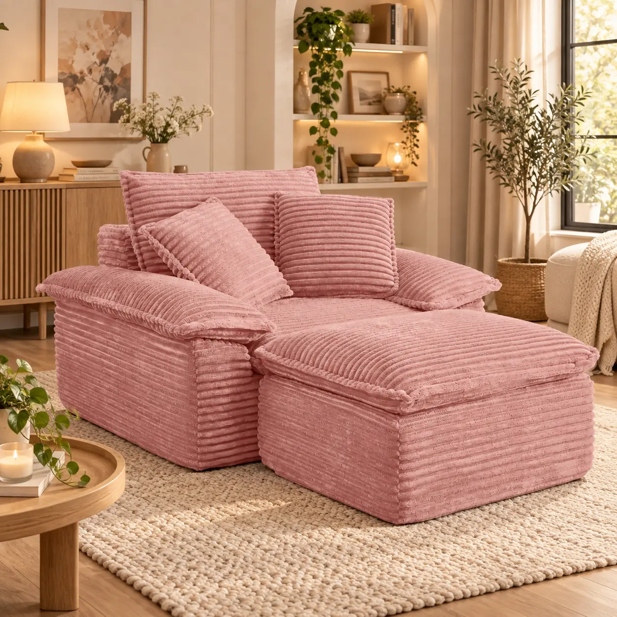 62.9" Oversized Corduroy Lounge Chair with Ottoman, Cozy Cloud Chair with Deep Seat & Soft Cushions, Comfy Accent Chair for Bedroom, Living Room & Reading Corner