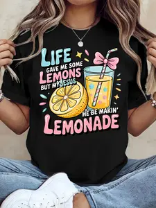 Women's Fun Christian Faith T-Shirt- "Life Gave Me Lemons, But Jesus Made Lemonade" Bible Verse Design with Lemon and Lemonade Print, Breathable Short Sleeve Round Neck Casual Top, Light Yellow Inspirational Christian Clothing