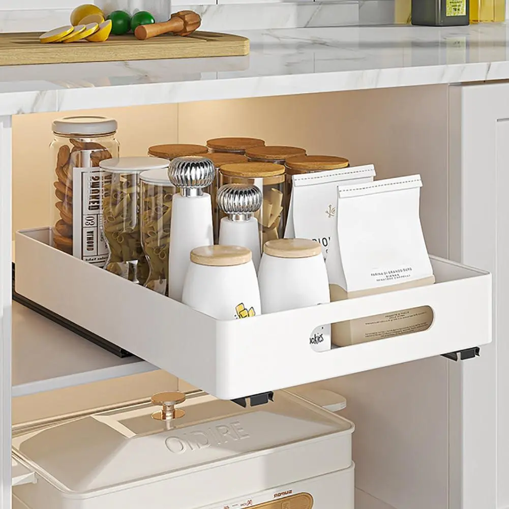Expandable Pull-Out Drawer Kitchen Pull-Out Cabinet Organizer, Stick Slide Out Telescopic Drawer Cabinet Pull Out for Kitchen Pantry Organization, White