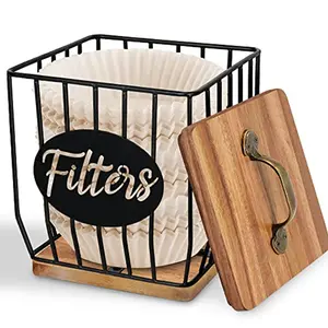 Rustic Acacia Coffee Filter Holder and Dispenser with Lid 6.3" Diameter Metal & Wood Countertop Coffee Bar Accessory for Common Filter Sizes