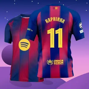 25 26 Home Red And Blue 11# Raphinha Short Sleeve Soccer Jersey Fans Version O