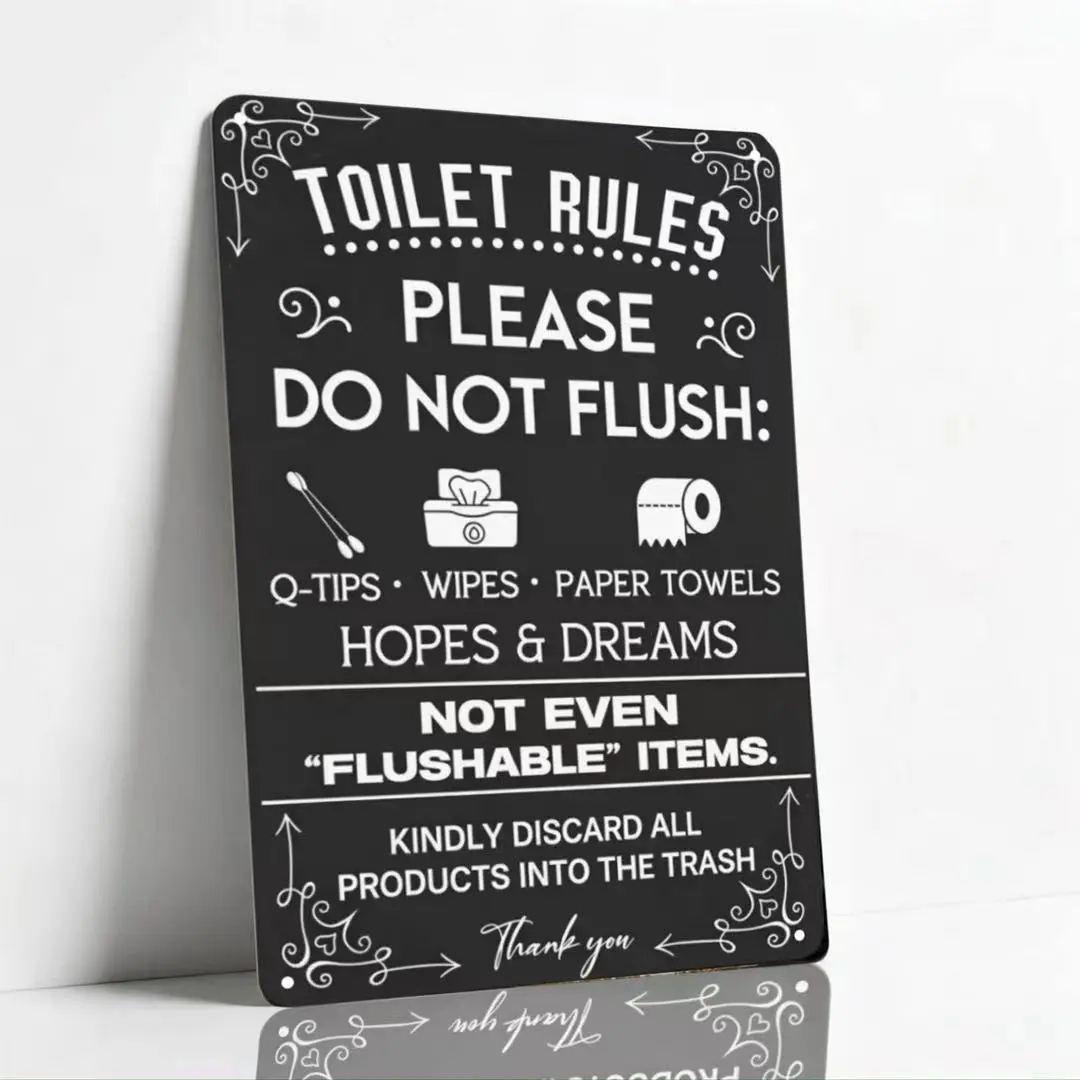 Vintage Rectangular Bathroom Rules Metal Tin Sign - 8x12 in Decorative Tin Home Signs, Funny Restroom Decor, Warning Against Flushing Q-Tips, Wipes, Paper Towels, Hopes & Dreams
