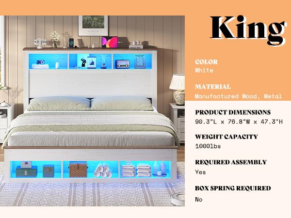 AMERLIFE Bed Frame with Bookcase Storage Headboard and Footboard, LED Platform Bed with Charging Station, No Box Spring Needed, Noise Free/Best Gift Ideas/Christmas Gifts