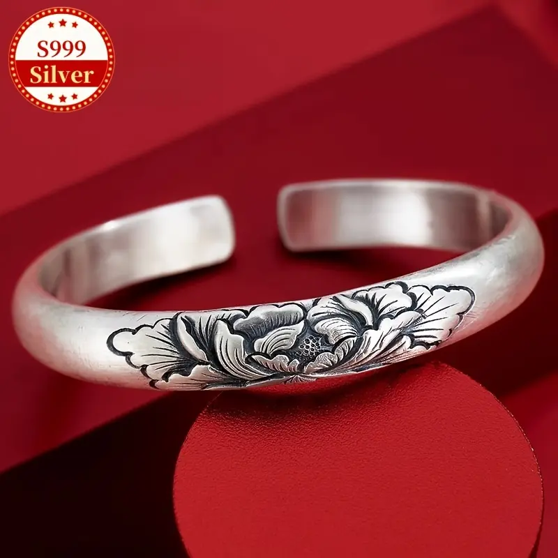Adults' Vintage 999 Sterling Silver Cuff Bracelet - 45g Heavyweight Open Bangle with Synthetic Zircon Mosaic, Simple Elegant Party Wear Gift for Special Occasions