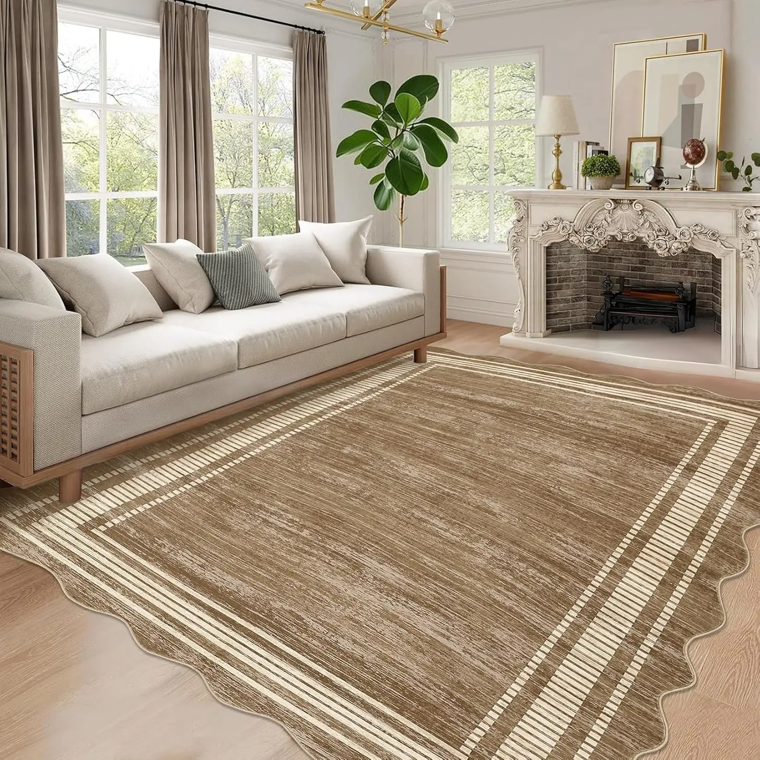 Modern Bordered Rug Scalloped Solid Color Carpet Washable Area Rug Stain Resistant Non-Slip Soft Foldable Rug for Bedroom Hallway Office Laundry Room