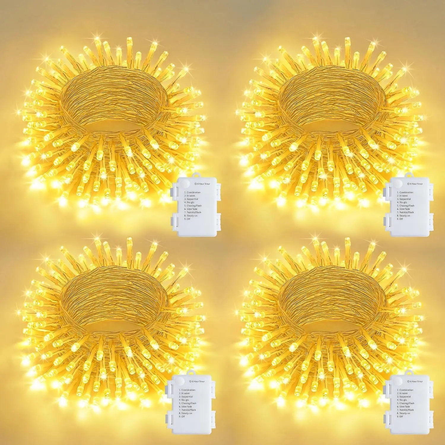 4 Pack 50 LED Battery Operated String Lights Warm White, Each 16.5ft Battery Outdoor Lights with Timer Waterproof, 8 Modes Christmas String Light Indoor for Bedroom Classroom Xmas DecorGift.