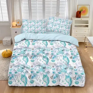 3pcs (1 duvet cover + 2 pillowcases, no filling) A playful and refreshing watercolor duvet cover set featuring seashells, starfish, and ocean motifs. Soft and comfortable bedding set, suitable for room decor, all year round, and makes a great gift.