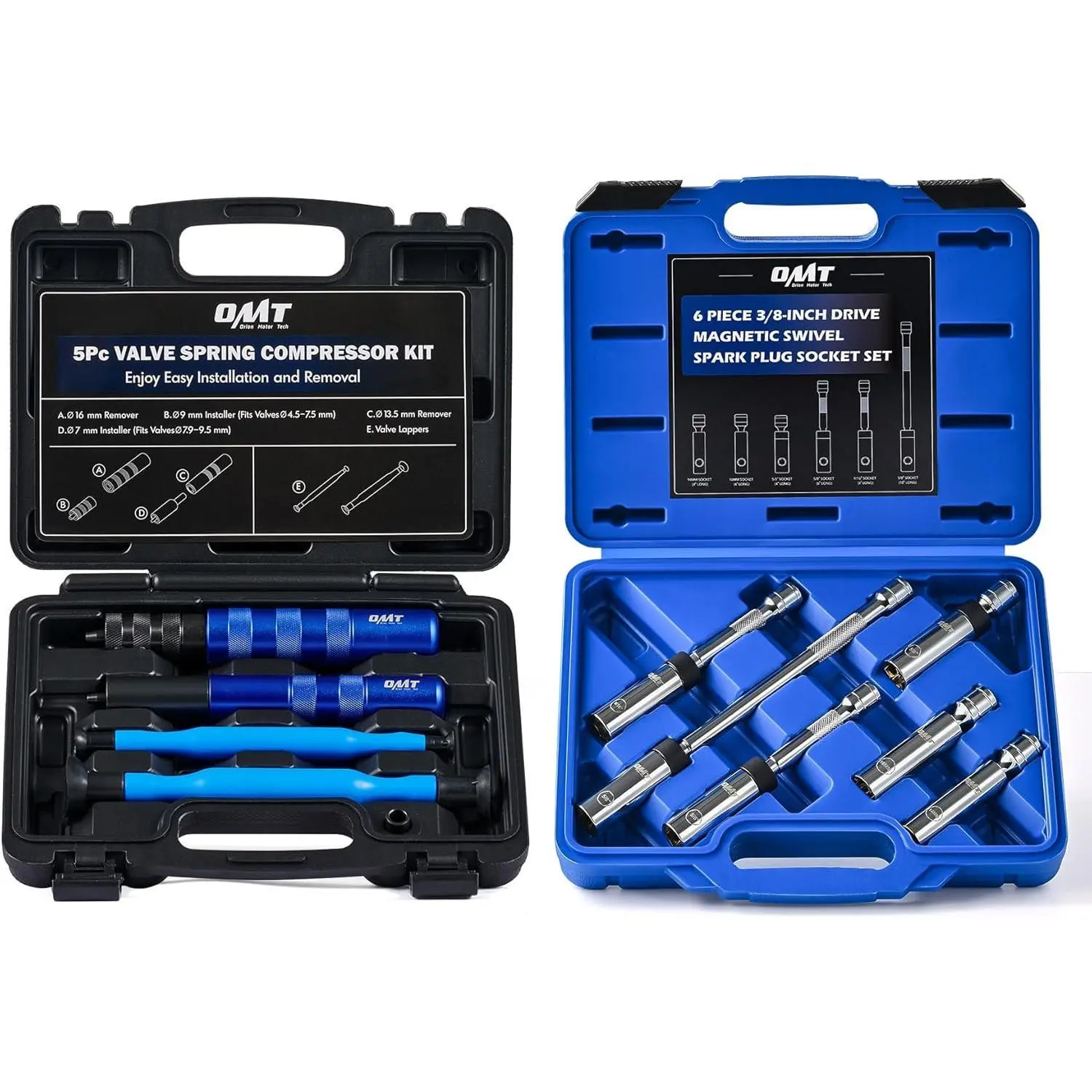 Orion Motor Tech Automotive Engine Repair Bundle - Valve Spring Compressor Tool Kit & 6pc 3/8-Inch Drive Magnetic 360-Degree Swivel Spark Plug Socket Set (14mm, Knurled Grip, CR-V Steel, Durable & Organized Construction)