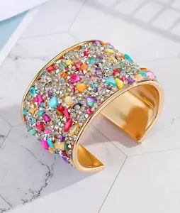 Forever 21 Women's Adjustable Size Open Cuff Metal Bangle Bracelet - Daily Casual Wear Studded Costume Jewelry with Embedded Colorful Stones and Rhinestones