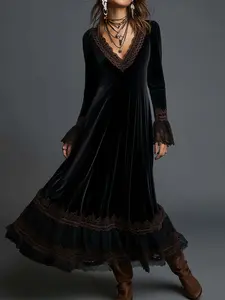 Women's High-Quality Aesthetic Fashion Vintage Sexy Elegant V-Neck Lace Patchwork Velvet Fabric Fitted Maxi Dress, Long Sleeve A-Line Skirt, Formal Party Wear Womenswear