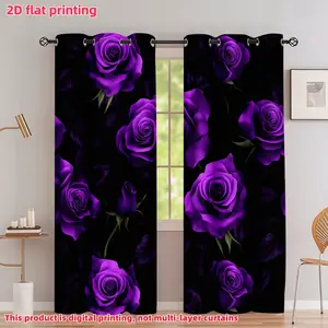 2D Flat 2Pcs Purple Rose Printed Window Curtains with Grommets, Elegant Black Background Floral Pattern Drapes for Living Room, Bedroom, Dining, Privacy Protection, Home Decoration Curtain, Home Decor Treatment, Home Textile