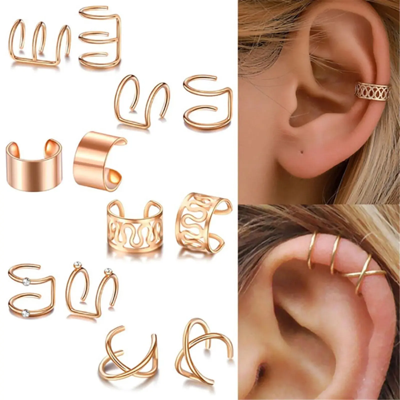 Set of 6 Pairs Ear Cuffs - No Piercing Fake Helix Cartilage Ear Clips, Gold or Silver Tone