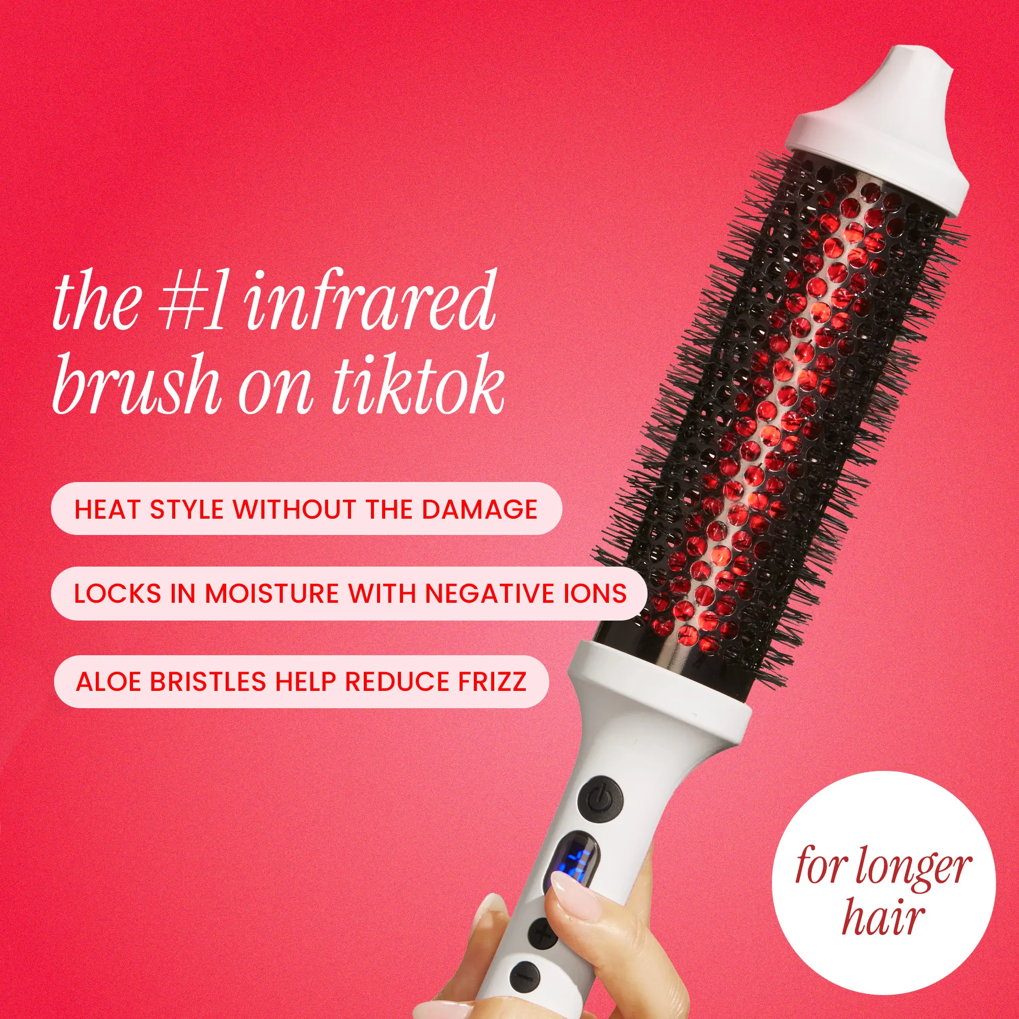 Long Barrel Infrared Thermal Brush by BondiBoost, Frizz-Free Red Light Technology for Less Damage, Extended Barrel for Long Hair, Smooth Multi-Functional Hair Styler