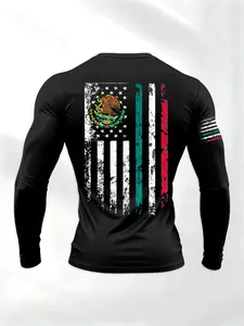 Men's Long Sleeve Workout Shirt, Mexican Flag Patchwork Design, Comfortable Daily Wear, Sporty Style, Suitable for All Seasons, Athletic Sports Clothing