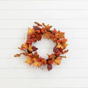 24” Autumn Maple Leaves, Pumpkin, Pinecone and Berries Artificial Fall Wreath