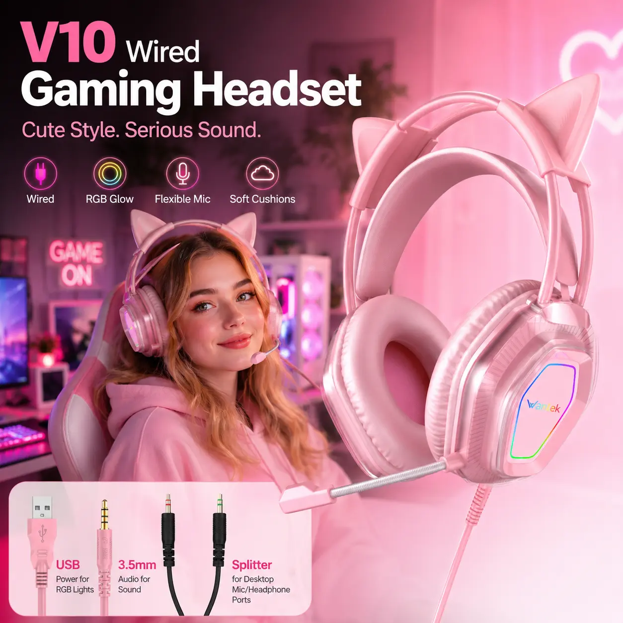 【 Premium Pick】Girls' Gaming Headset, Soft Earmuffs, with 7.1 Surround Sound, Lightweight Design,  with Microphone, Wired Gaming Headphones for PS, Xbox, PC, Perfect Christmas Gift for Women, Wife, Girlfriend, or Family