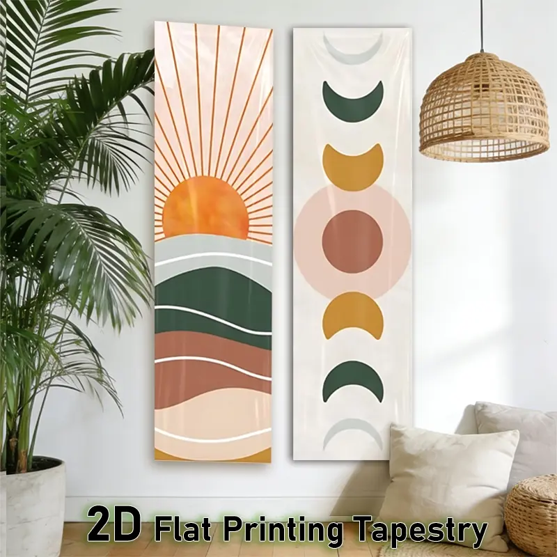 2D Flat - 2pcs Minimalist Sunrise Vertical Tapestry | Boho Chic Moon Phases Wall Tapestry for Bedroom | Neutral Color Tone Long Narrow Wall Hanging for Living Room & Dorm Decor | Spring Home Decoration